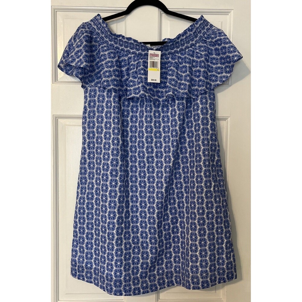 Vineyard Vines Shift Dress Medium Blue Ruffle Watercolor Geometric Off Shoulder